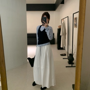 韩版 LEAVES叶子家白色甜美系带a字半身裙女早秋款 高腰显瘦大摆裙