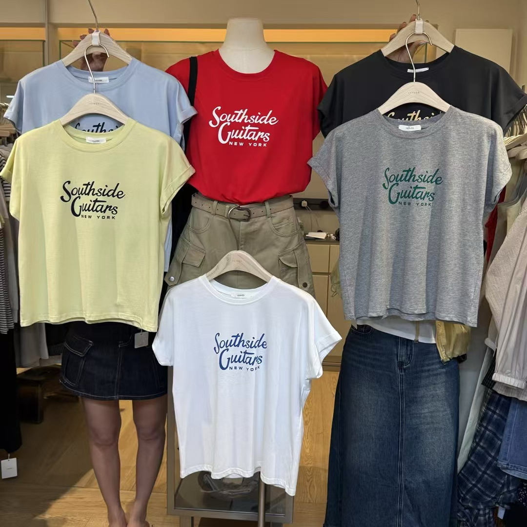 LEAVES叶子家美式复古字母印花短袖T恤女夏季宽松显瘦百搭上衣tee
