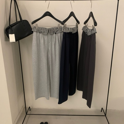 格纹拼接高腰显瘦直筒休闲裤