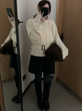 LEAVES叶子家高领麻花针织衫女秋冬新款保暖毛衣腰带收腰打底上衣