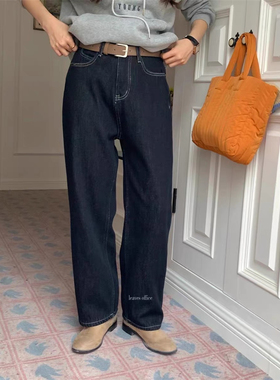 LEAVES叶子家加厚复合绒直筒牛仔裤女韩版新款宽松百搭显瘦长裤子