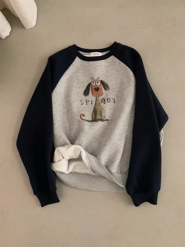 LEAVES叶子家复古小狗印花加绒圆领卫衣女2025秋冬百搭打底上衣