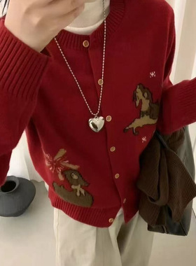 LEAVES叶子家卡通刺绣提花毛衣女红色圆领开衫宽松减龄百搭针织衫