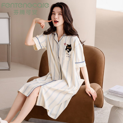 芬腾可安2026新款中长睡裙女夏季新款卡通甜美翻领开衫舒适家居服