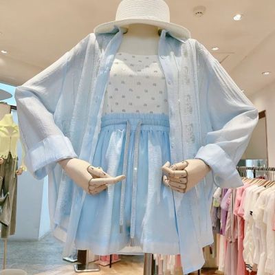 网红同款满天星 烫钻小熊套装女 小众防晒衬衣夏季薄款短裤二件套