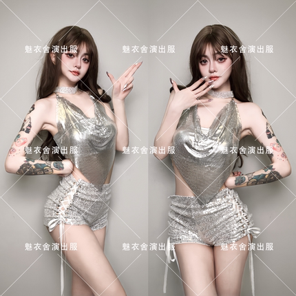 夜店酒吧ds辣妹重工银色闪亮修身亮片弹力高腰绑带性感短裤演出服