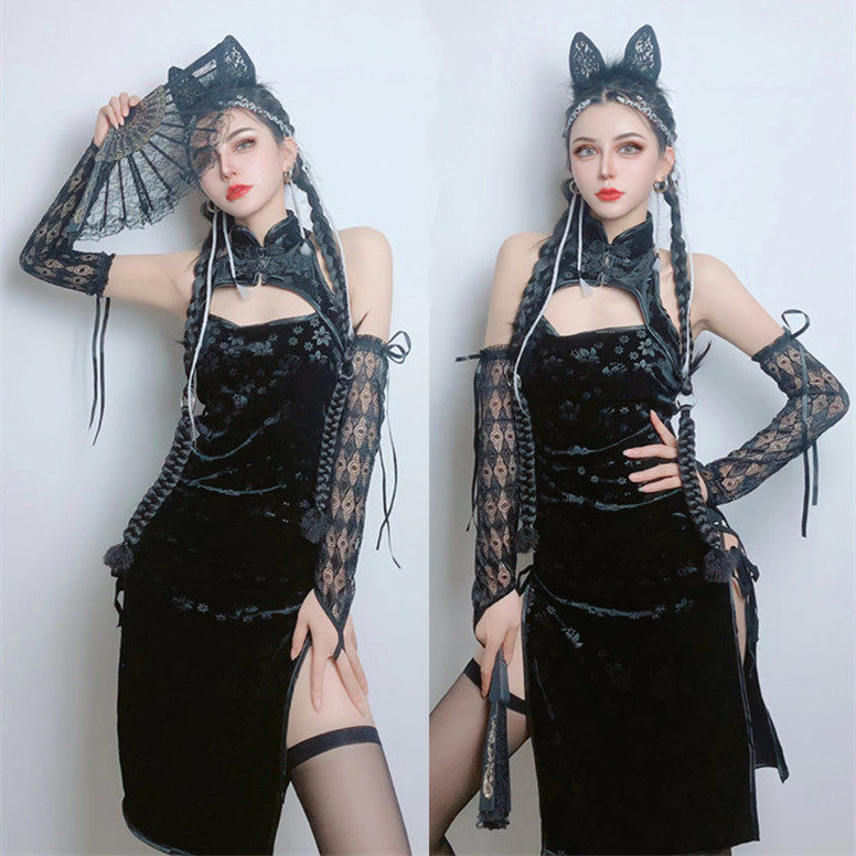 新款夜店酒吧GOGO服装女领舞服黑白旗袍开衩性感DS演出服dj套装