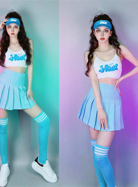 酒吧ds演出服新款夜店gogo领舞服蓝色休闲百褶裙表演服女团颗粒秀