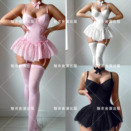 新款酒吧DS演出服gogo舞蹈白色性感蕾丝花边拼接蓬蓬立体网纱裙