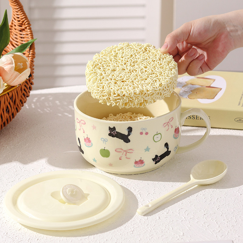 可爱泡面碗带盖带手柄陶瓷饭盒可微波炉加热宿舍用学生食堂打饭碗,餐饮具,泡面碗,淘宝优惠券,粉丝福利购,淘宝优惠卷