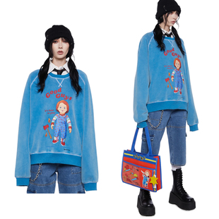 dollskill正品代购秋冬卫衣抓绒内里落肩款印花卡通运动衫