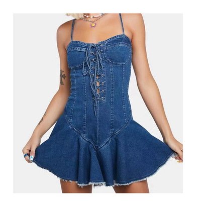 收腰连衣裙复古牛仔布连衣裙