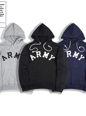 AK男装集市店520克重磅轻抓绒毛圈底ARMY套头卫衣印花连帽帽衫
