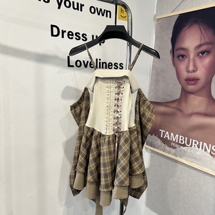 广州源头工厂 2026春新款女装法式复古格纹拼接吊带背心女