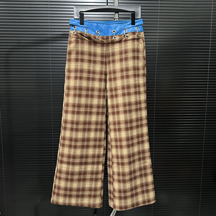 质量杠杠 2024秋季新款拼色腰头金属环挂饰格纹直筒裤长裤女