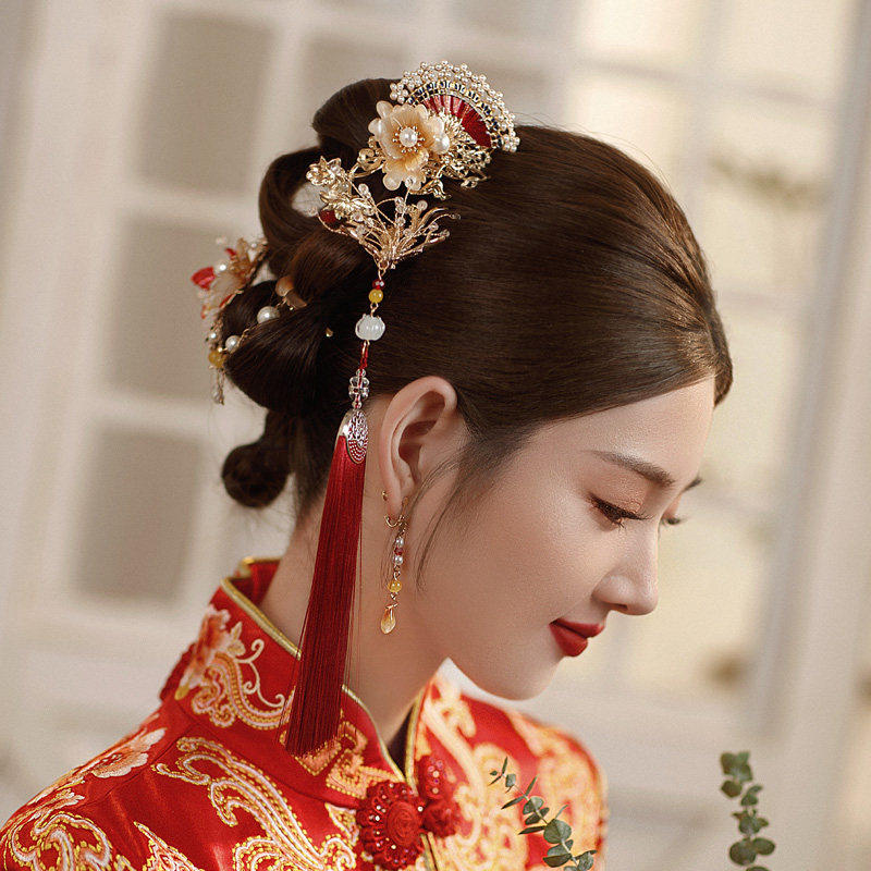 新娘头饰新中式盘发流苏簪子古风旗袍秀禾服凤凰小扇古典汉服发饰