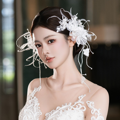 减龄新娘发饰复古法式蕾丝花边小众羽毛婚纱森系温柔风边夹发饰品