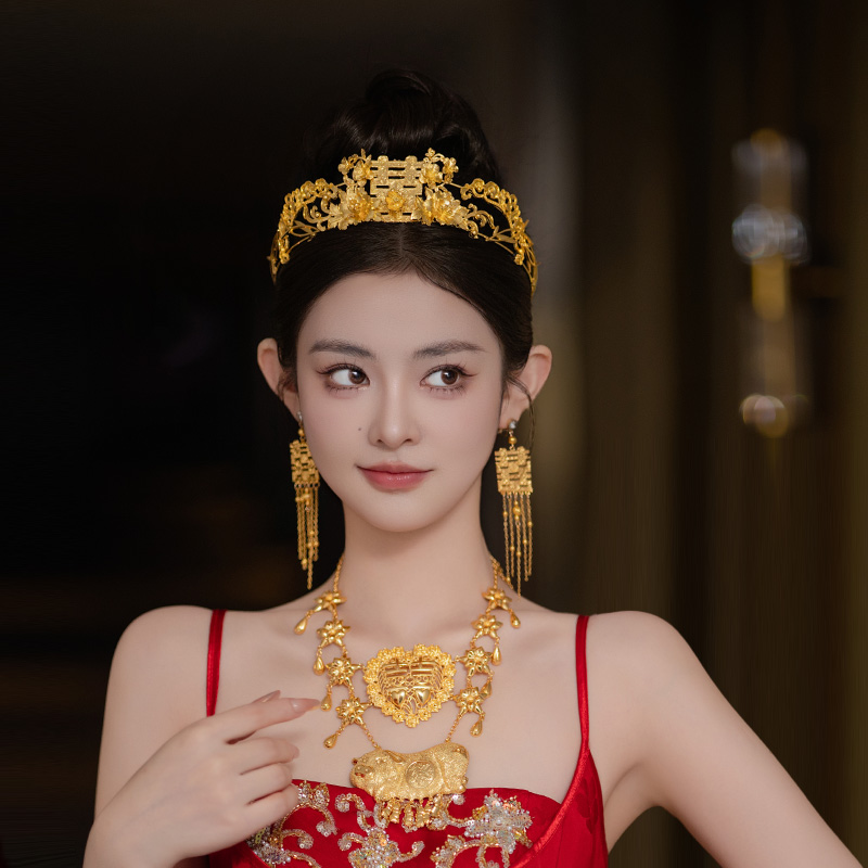 新娘头饰金色双喜花朵凤冠古典造型中式秀禾服龙凤褂旗袍国风发饰
