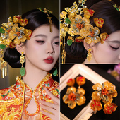 新娘头饰金色富贵感仿真花发夹中式 秀禾服龙凤褂结婚礼服古风发饰