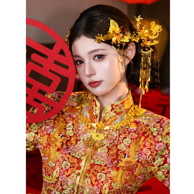 新款中式新娘重工贵气头饰古典金色大气龙凤褂秀禾服百搭结婚发饰