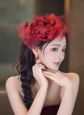 2025新娘头饰酒红色立体花朵网纱礼帽千金风优雅结婚礼服拍照发饰