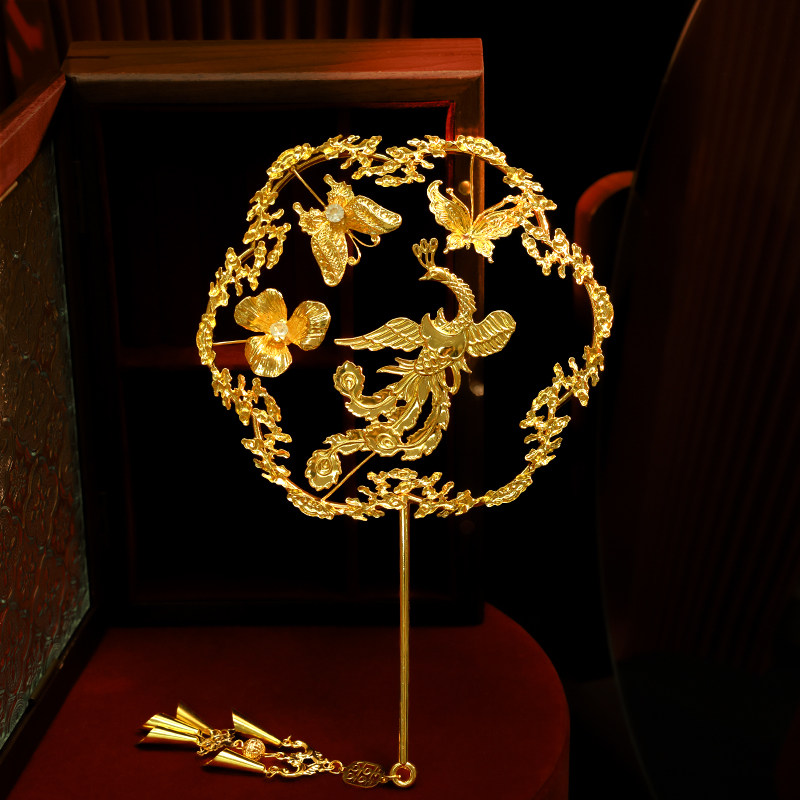金色团扇花朵汉服秀禾服龙凤褂配饰小巧精致结婚喜扇晨袍中式扇子