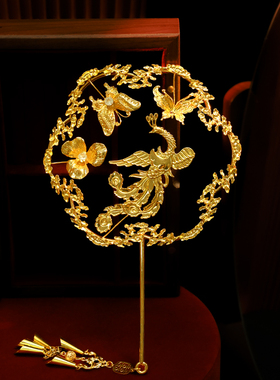 金色团扇花朵汉服秀禾服龙凤褂配饰小巧精致结婚喜扇晨袍中式扇子