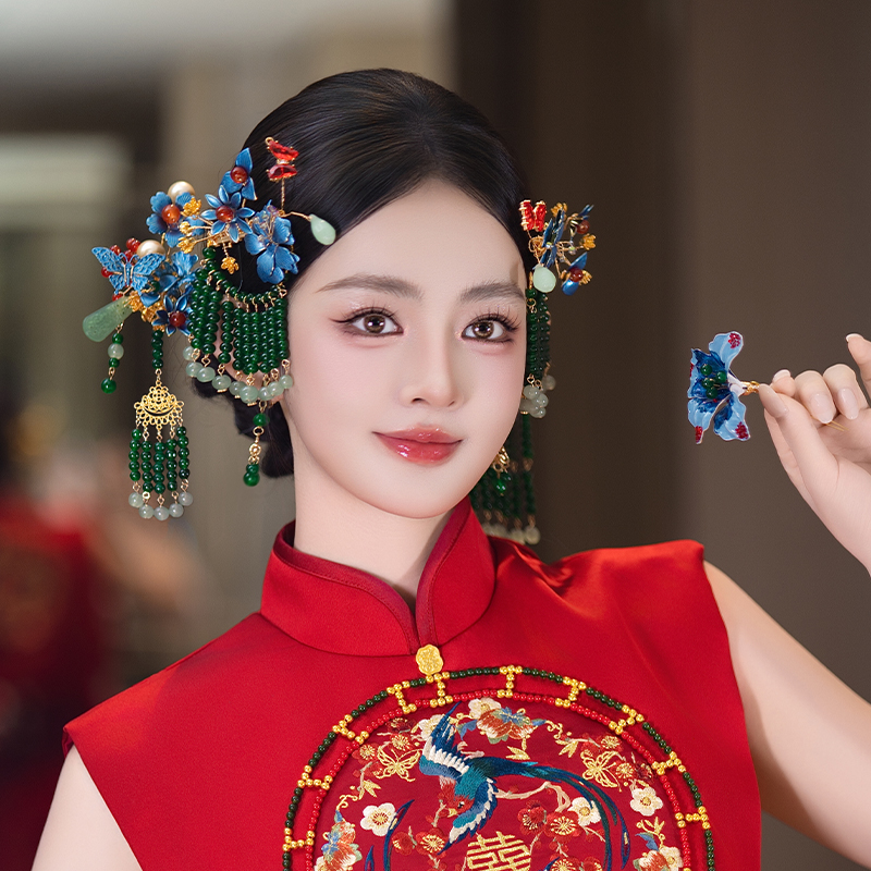 新娘小众高端新中式婚礼头饰绿色汉服旗袍玉珠发簪古风龙凤褂配饰