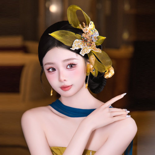 新款新娘发饰复古新中式黄色手工刺绣小金鱼结盘发结婚敬酒服头饰