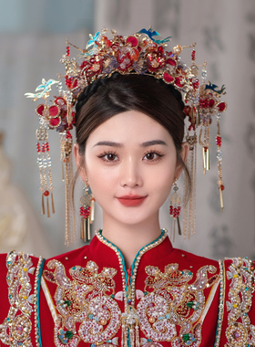 新娘头饰中式红色凤冠蓝色凤凰花朵手工流苏古典秀禾服古装发饰品