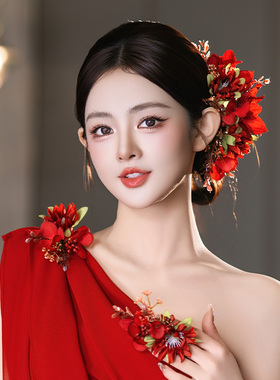 新娘高级感红色系仿真高端手作花朵婚礼晚宴小众晨袍拍照时尚发饰