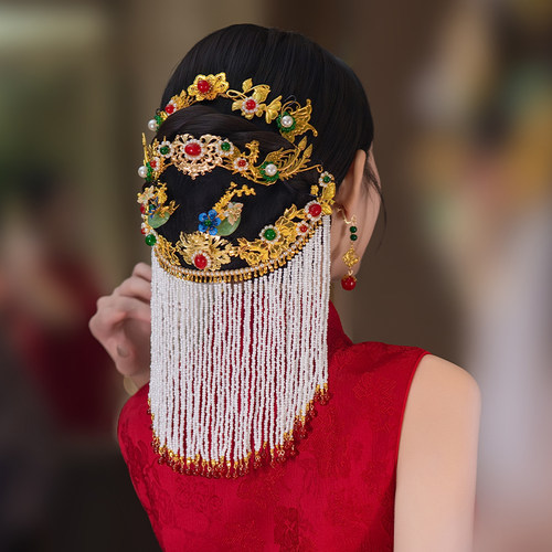 小众新娘发饰国风饱满白色串珠流苏原创独特气场戏曲风造型发饰品