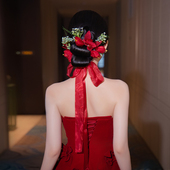 新中式 新娘百搭敬酒服头饰超仙减龄缎面复古红色花朵汉服造型发饰