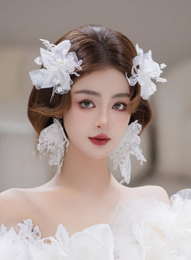 新娘发饰蕾丝手工发夹耳环套装简约时尚复古法式优雅古典造型头饰