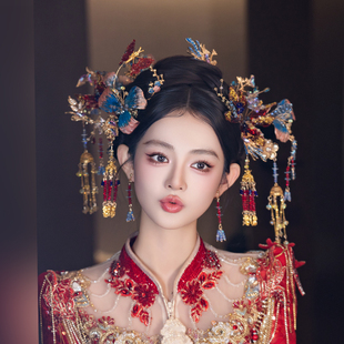 中式新娘超精致红蓝渐变结婚头饰蝴蝶发簪秀禾头饰传统婚礼配饰女