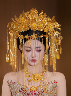 梦瑶新娘金色高级面帘花朵喜字大凤冠中式婚礼秀禾龙凤褂头饰发饰