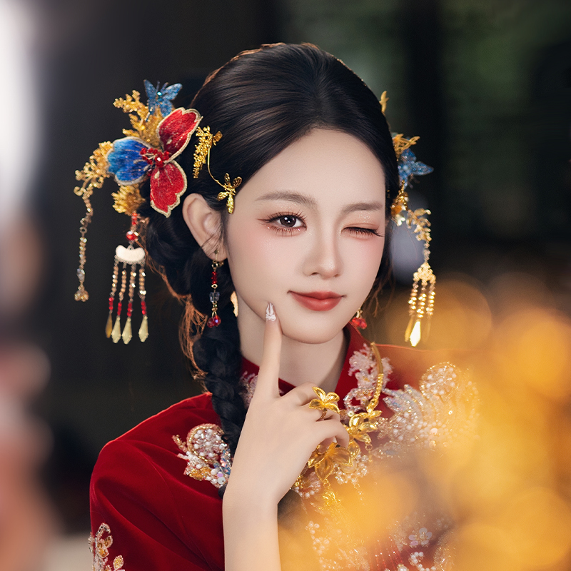 新中式新娘头饰国风金红色手工刺绣花朵减龄古风新款旗袍礼服配饰