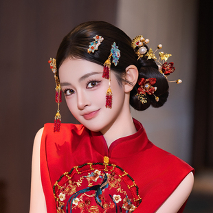 新中式新娘国风婚礼头饰纯手工复古蓝流苏发夹汉服马面裙高级发饰