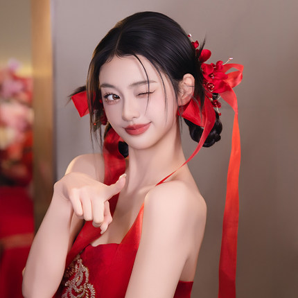 新中式新娘敬酒服复古红蝴蝶结娟纱飘带仙美结婚礼服晨袍订婚头饰