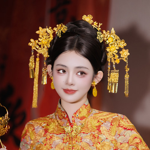 中式婚礼金色贵气秀禾头饰2025新款奢华百搭古典龙凤褂宫廷配饰品