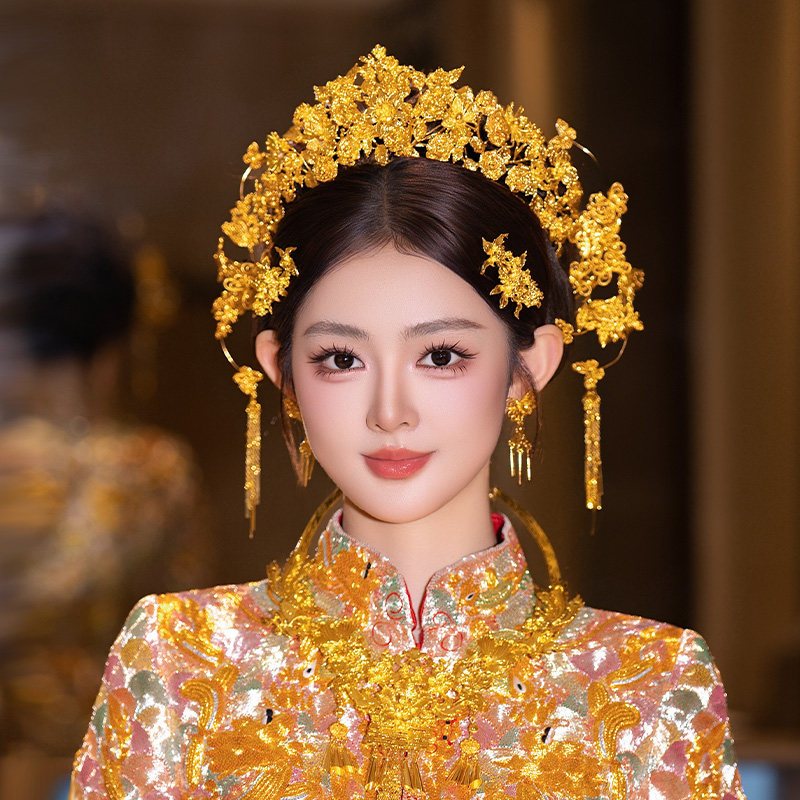 全金色新娘发饰精致高级感龙凤褂花朵贵气中式婚礼古典头饰品套装