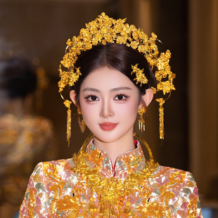 全金色新娘发饰精致高级感龙凤褂花朵贵气中式婚礼古典头饰品套装