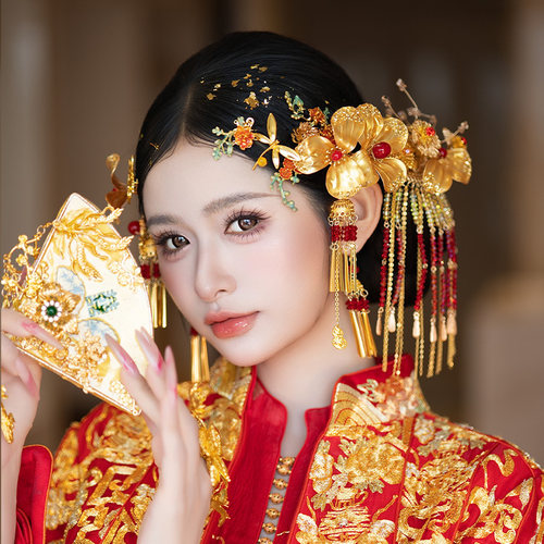 中式新娘发饰婚礼复古爆款侧边花朵饱满流苏龙凤褂精致富贵感发饰