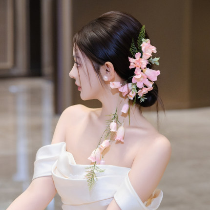 森系手工浪漫粉色新娘仿真花朵发饰超仙甜美婚纱礼服配饰减龄发饰