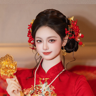 复古新娘发饰新中式红色仿真花小财神锦鲤发钗订婚新年敬酒服发饰