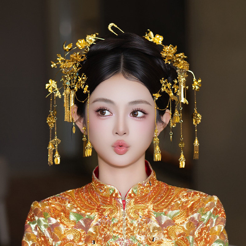 2025新款中式新娘发饰金色复古流苏花朵发钗龙凤褂秀禾婚礼配饰品