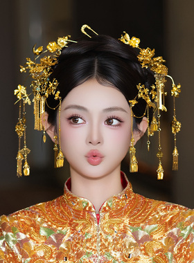 2025新款中式新娘发饰金色复古流苏花朵发钗龙凤褂秀禾婚礼配饰品