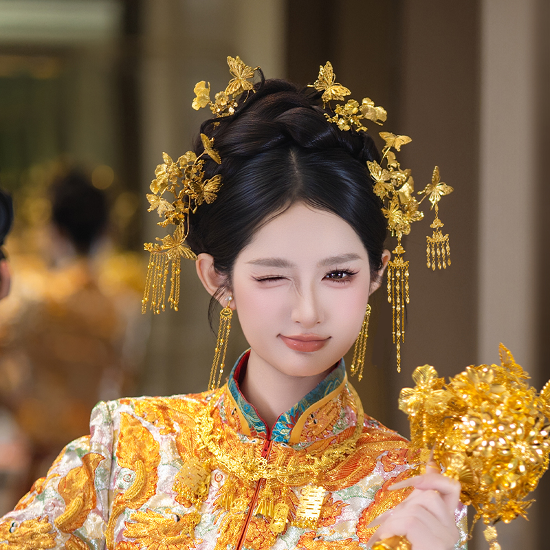 龙凤褂新娘头饰中式婚礼贵气蝴蝶流苏发簪国风秀禾服减龄俏皮发饰