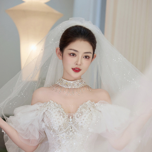 新娘头纱头饰白色细闪超仙唯美长款带发梳时尚简约结婚拍照配饰品