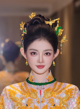 新娘龙凤褂中式头饰婚礼金色仙鹤古典发簪秀禾服绿色流苏新款发饰